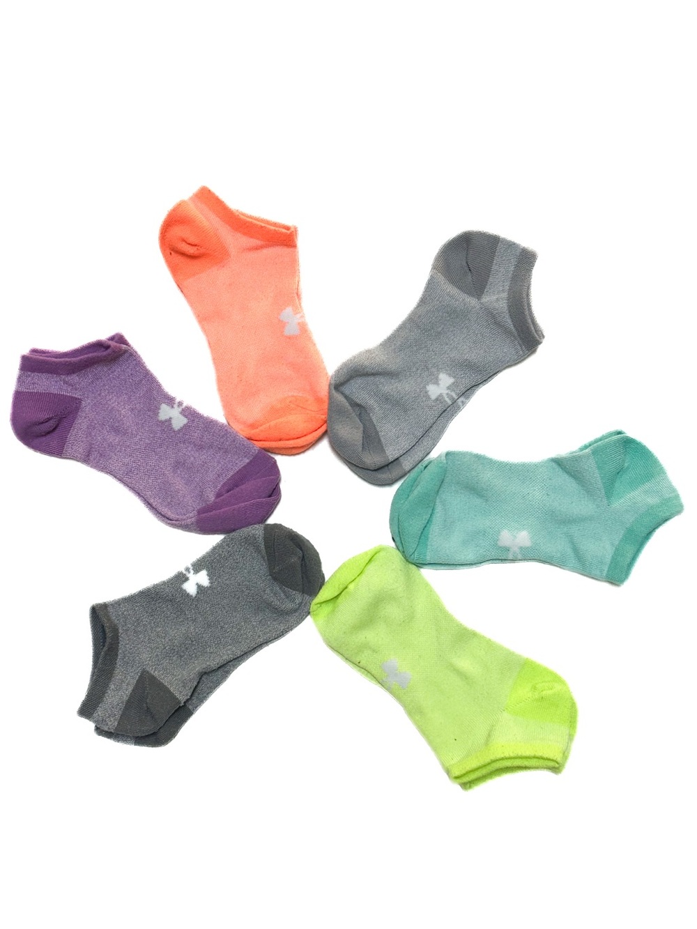 Under Armour Solid No Show HeatGear Big Logo Socks 6 Pack Neon Multi Color